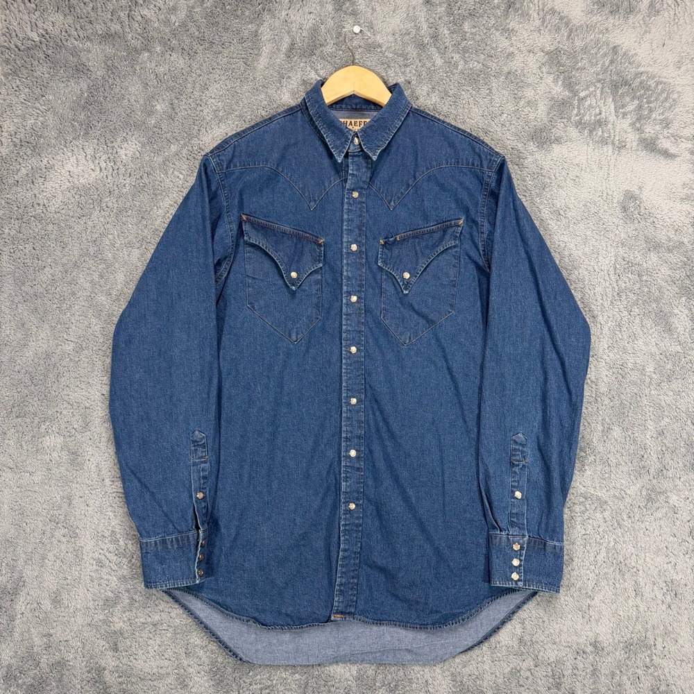 Schaefer Denim Shirt Mens XL Blue Western Pearl Snaps Flap Pockets Yoke USA Made